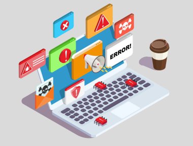 Bilgisayar dizüstü bilgisayar hata vektörü. Monitörde farklı uyarı işareti var. Web sitesi hata iletisi, internet bağlantısı arızası, virüs saldırısı dikkat, spam ve dolandırıcılık