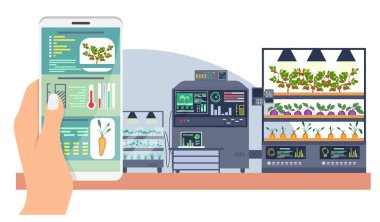 Akıllı çiftlik cep telefonu vektöründen kontrol ediliyor. Akıllı kontrol çiftçilik sistemi mobil uygulama illüstrasyonunu kullanarak el ele tutuşan akıllı telefon