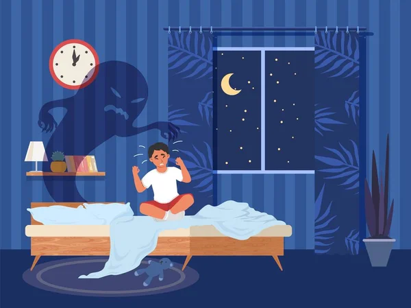 Mardrömsvektor Gråtande Pojke Barn Sitter Sängen Rädd För Spökmonster Illustration — Stock vektor
