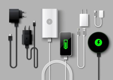 Cep telefonu şarj vektörü ayarlandı. Gerçekçi akıllı telefon güç kaynağı. 3 boyutlu USB kablolar, kablolar ve elektrik prizleri. Dijital cihazları şarj etmek için otomatik adaptörler. Toplayıcı yakıt ikmali için ekipman