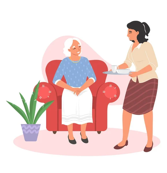 Femme apporter du thé à la personne âgée vecteur — Image vectorielle