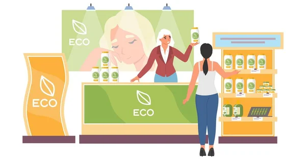 Femme choisissant des cosmétiques naturels en magasin de beauté — Image vectorielle