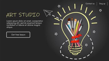 Sanat stüdyosu web sitesi afişi ya da iniş sayfası şablonu. Yaratıcı okul sınıfı için web sayfası tasarımı, lambalı el işi kursu ve çizim ve yaratım için kırtasiye tasarımı