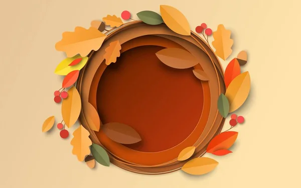 Herbst Hintergrund Mit Papier Geschnitten Ahorn Eichenblättern Und Beerenvektor Mehrschichtige — Stockvektor