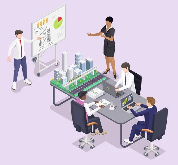 Şehir planlama ve kentsel gelişim süreci. Mimarlardan oluşan profesyonel bir ekip proje hazırlıyor, analiz ediyor ve tartışıyor. Şehir manzarası oluşturma izometrik vektör çizimi için toplanan insanlar