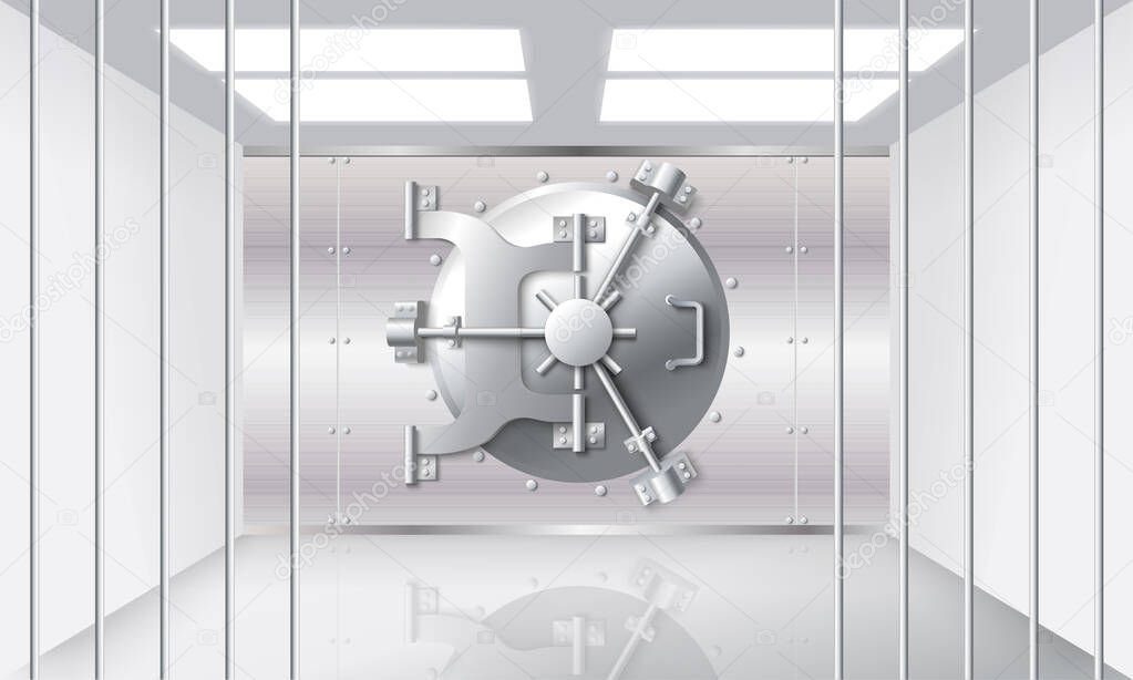 Bank safe in bunker room vector illustration. Open protective metal grilled gate and closed steel door under lock. Secure finance and treasure storage. Realistic banking hall interior design