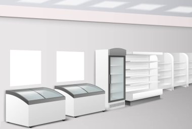 Boş duvar rafı, mini buzdolabı soğutucusu ve buzdolabı içeceği olan bir yiyecek deposu tasarımı. Gerçekçi perakende mağazası veya süpermarket ekipmanları gerçekçi model vektör illüstrasyonu