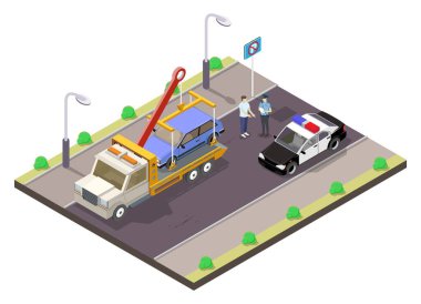 Yasadışı park yeri izometrik. Trafik polisi park yeri olmayan bir yere park cezası yazıyor ve park yeri illüstrasyonunu kaldırıyor.