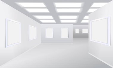 Sanat galerisi, müze sergi salonu içi boş model. Resim, boş beyaz fotoğraf, duvarda asılı duran temiz çerçeveler, tavanda yanan lambalar 3D gerçekçi vektör illüstrasyonu.