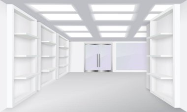 Dükkanın iç tasarımı gerçekçi bir model. Moda butiği, süpermarket veya pazar odası 3D vektör illüstrasyonunda boş raflar. Kapalı kapıyı göster