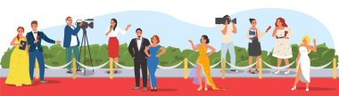 Ünlüler kırmızı halı karikatür vektörü üzerinde yürüyor. İnsanlar paparazzilere poz veriyor ve kamera illüstrasyonunda hayran fotoğrafları çekiyor. Film festivali, sinema veya müzik partisi etkinliği, moda gösterisi konsepti