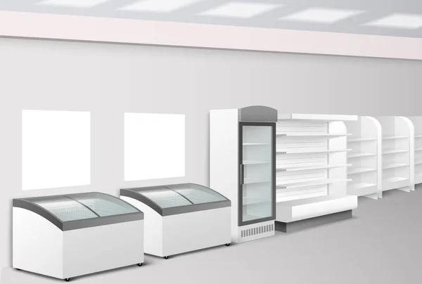 Food Store Interior Design Empty Wall Shelf Mini Fridge Cooler — Stock Vector