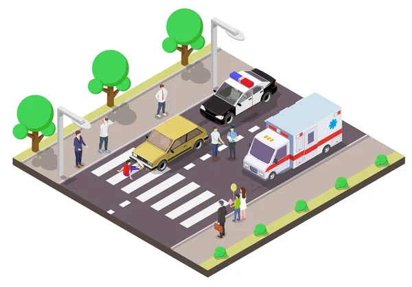 Pedestre Acidente Carro Vetor Ilustração Passarela Rua Regras Trânsito Quebra — Vetor de Stock