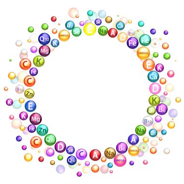 Vitamin harfi yuvarlak çerçeve gerçekçi şablon. Beyaz arkaplanda kopyalama alanı olan 3d vektör illüstrasyonu. Tıp, sağlık ve önleyici terapi kavramı