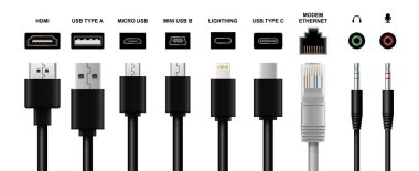 Bilgisayar kablosu, fiş ve kablo gerçekçi model vektör seti. Video, ses, usb, hdmi, ağ modem ethernet ve elektrik bağlantı illüstrasyonları