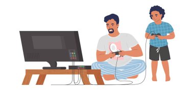 Baba ve oğul video oyunu vektör çizimi oynuyorlar. Baba ve küçük çocuk TV 'nin önünde oyun bloknotları ile. Mutlu aile eğlencesi yaşam tarzı, oyun eğlencesi ve evde birlikte eğlenme zamanı.