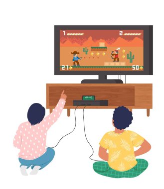 Çocuklar TV vektör illüstrasyonunda oyun konsolu oynuyorlar. Oyuncular için bilgisayar odası. İki genç oyuncu televizyon ekranına bakıyor. Evde oyun oynuyorlar.