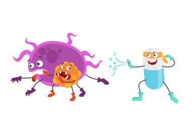 Bakteri ya da virüs vektör illüstrasyonuyla savaşan komik bir süper kahraman. Kawai antibiyotik ilaç kapsülü, sevimli güçlü vitamin savaşçı maskotu. İlaç, eczane ve sağlık hizmetleri kavramı
