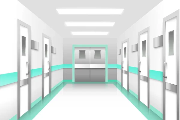 病院の廊下の現実的なベクトル 手術室や医師の職場への閉じたドアとクリニックオフィスの廊下や緊急センターのインテリアイラスト — ストックベクタ
