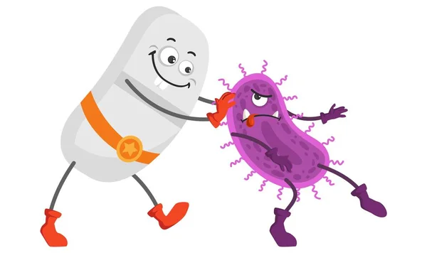 Cartoon Bonito Tablet Cápsula Traje Super Herói Derrotar Bactérias Micróbios —  Vetores de Stock
