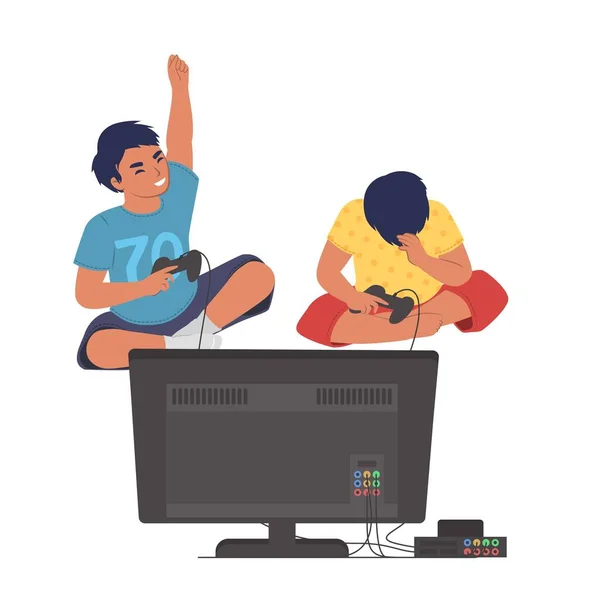 Dois Meninos Vídeo Game Player Vetor Ilustração Vencedor Jogador Mais — Vetor de Stock