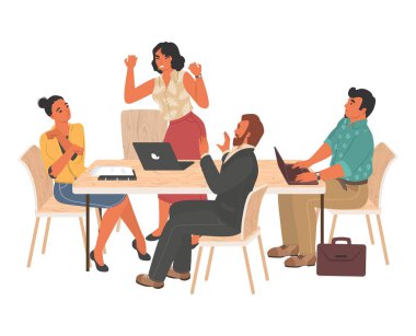 Office work team conflict vector. Angry female boss shouting on colleague disagree with argument failure and misunderstanding. Bad business environment, stress and job trouble