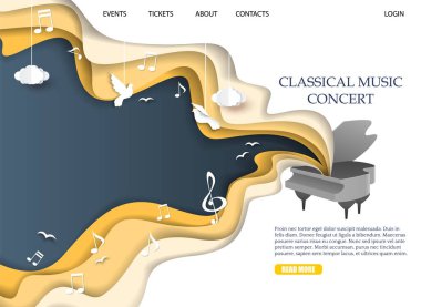 Classic music concert advertising landing page vector. Piano and flying out musical notes paper cut style design illustration. Web banner template, website page mockup clipart