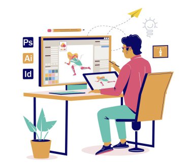 Graphic illustrator working at computer vector. Busy man creative worker illustration. Freelancer at home workspace using software for game asset creation. Graphic design and development