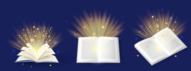 Işıklı sihirli kitaplar gerçekçi vektör tasarımı. Fantezi ya da masal kitabı, parlak sayfaları, parıldayan parıltıları ve konfeti resimleriyle İncil ya da büyücü büyü kitabı.