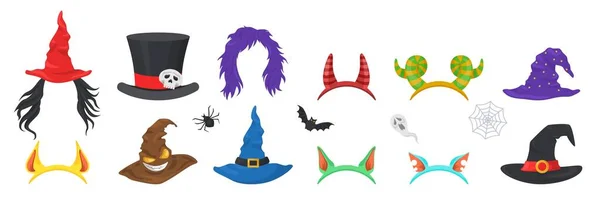 Halloween Hats Headband Caps Vector Set Spooky Carnival Headwear Funny — Stockový vektor