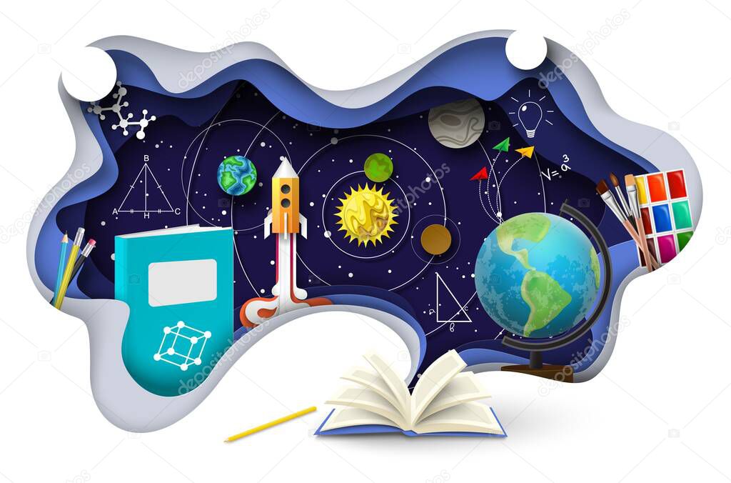 Back to school papercut vector. School supplies flying out of open book over science background layered craft art style illustration. First september card. Knowledge day poster