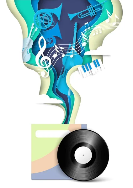 Анотація Музичного Фону Вініловим Диском Нотами Музичним Інструментом Тріщинним Вектором — стоковий вектор