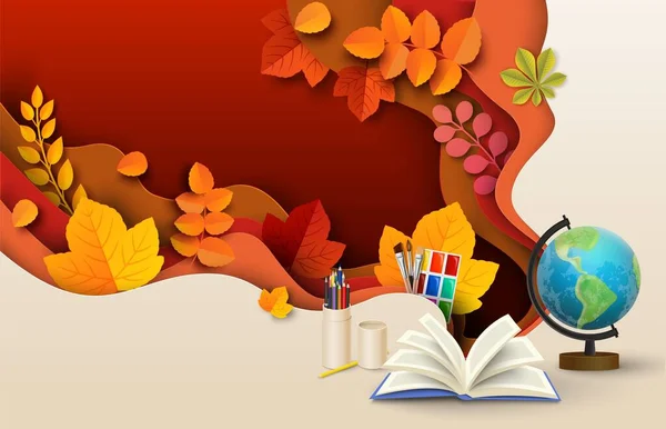 Bildungskonzept Schulgeschichte Herbstvektor Papiergeschnittene Mehrschichtige Illustration Mit Studienmaterial Und Herbstlichem — Stockvektor