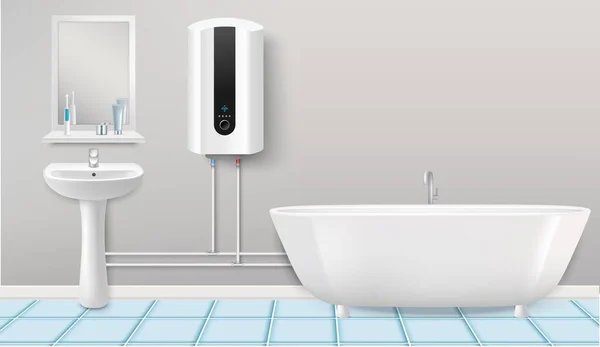 Bathroom Boiler Water Heater Connected Washbasin Tub Realistic Vector Empty — Stok Vektör