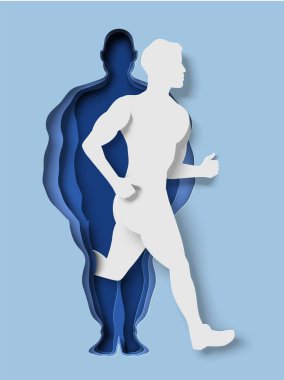Man running out of fat body paper cut craft art vector. Weight loss program. Male silhouette with fat and slim body. Sport lifestyle, fitness exercise for being strong and healthy concept