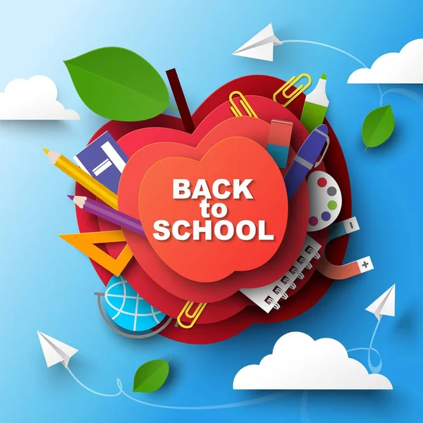 Back School Paper Art Style Vector Design Poster Papercut Apple — Vetor de Stock