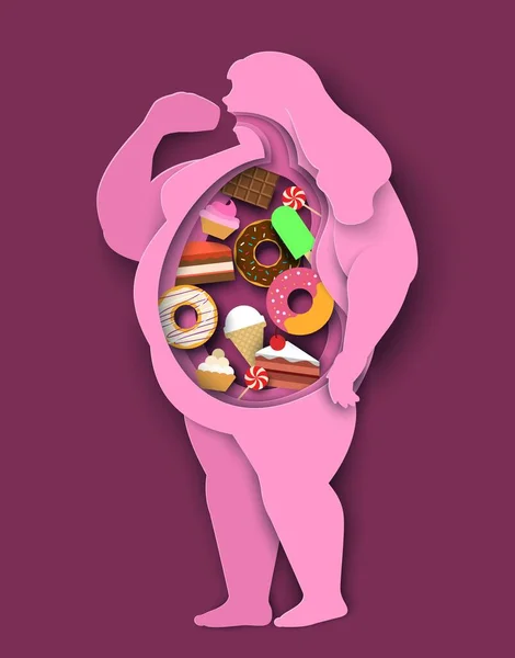 Excess Weight Woman Paper Cut Vector Design Overweight Obesity Concept — Stock vektor