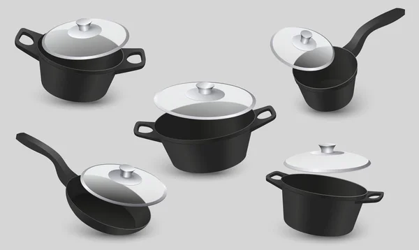 Kitchen Cast Iron Pot Pan Realistic Vector Set Cookware Utensils —  Vetores de Stock