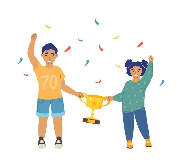 Happy Kids Winners Vector Little Boy Girl Celebrating Victory Illustration — стоковый вектор