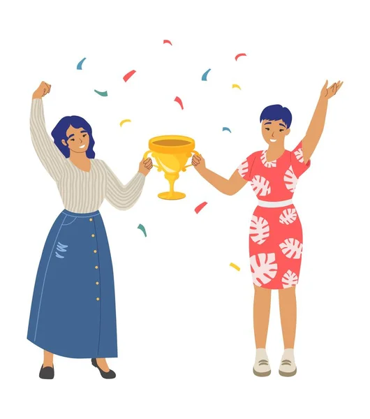 Woman Winners Vector Two Happy Girls Gold Trophy Cup Celebrating — Vector de stock