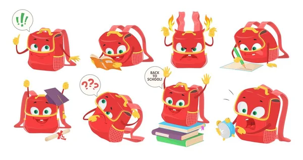 School bag mascot with different emotion vector set. Happy, angry, confused, shocked and excited emoticon character. Funny backpacks reading book and learning illustration. Back to school design