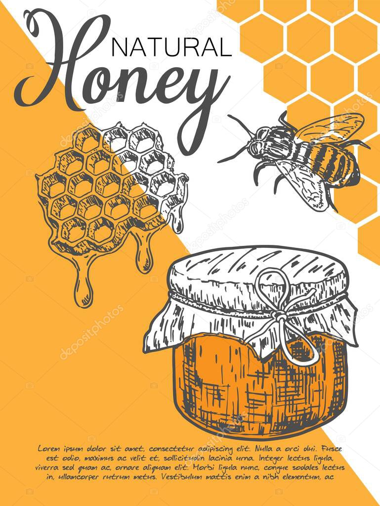 Natural honey card vector. Promotion cover, badge or flyer design template with text. Marketing material for honey products sale