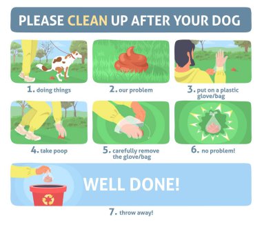 Clean up dog poop vector infographic set. How to pick animal waste from park lawn in canine bag step-by-step instruction. Poster for pet owner