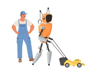 Robot assistant helping man to mow lawn vector illustration. Robotic housekeeping. Futuristic technology and housework process automation concept