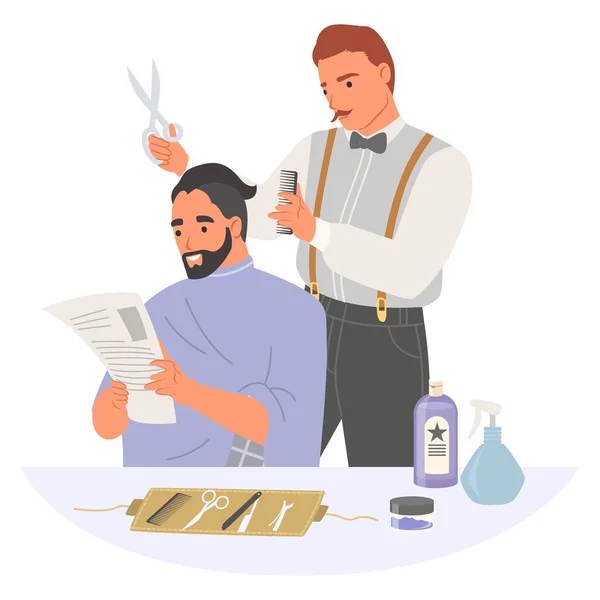 Barber Doing Haircut Man Barbershop Vector Illustration Hairstylist Work Clients — Stock Vector