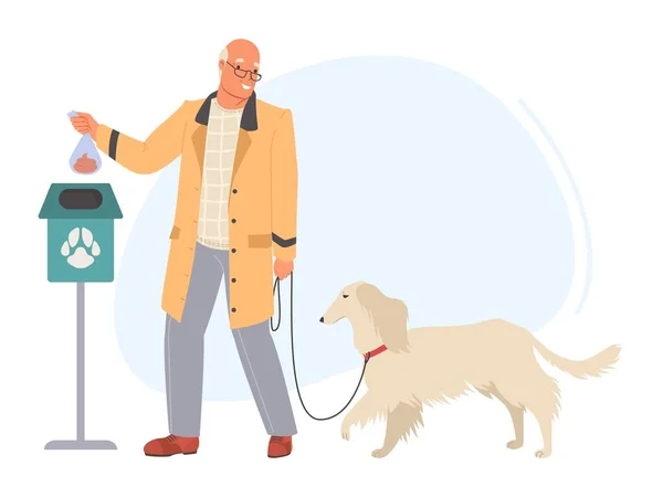 Elderly Man Cleaning Dog Walk Vector Male Character Throwing Bag — Vector de stock