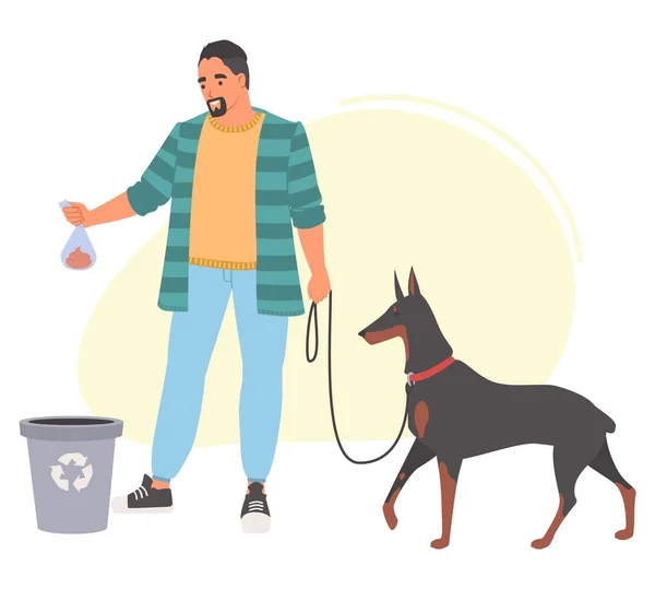 Cleanup Dog Vector Illustration Man Throwing Canine Poop Bag Trash — Stock Vector