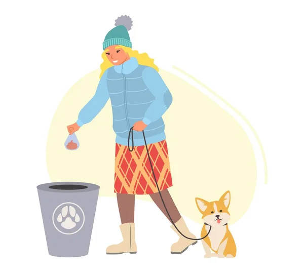 Woman Walking Dog Picking Pet Waste Vector Illustration Female Character — Vector de stock