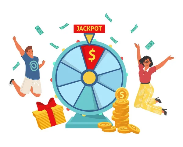 Happy Winners Vector Excited People Winning Jackpot Prize Illustration Spinning — Vetor de Stock