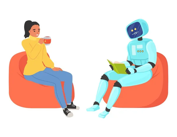 Robot Assistant Reading Book Woman Vector Scene Smart Cyborg Artificial — Stockový vektor